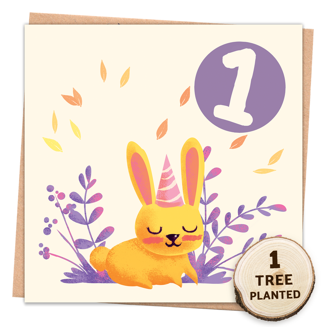 Eco friendly age 1 card with a bunny design on