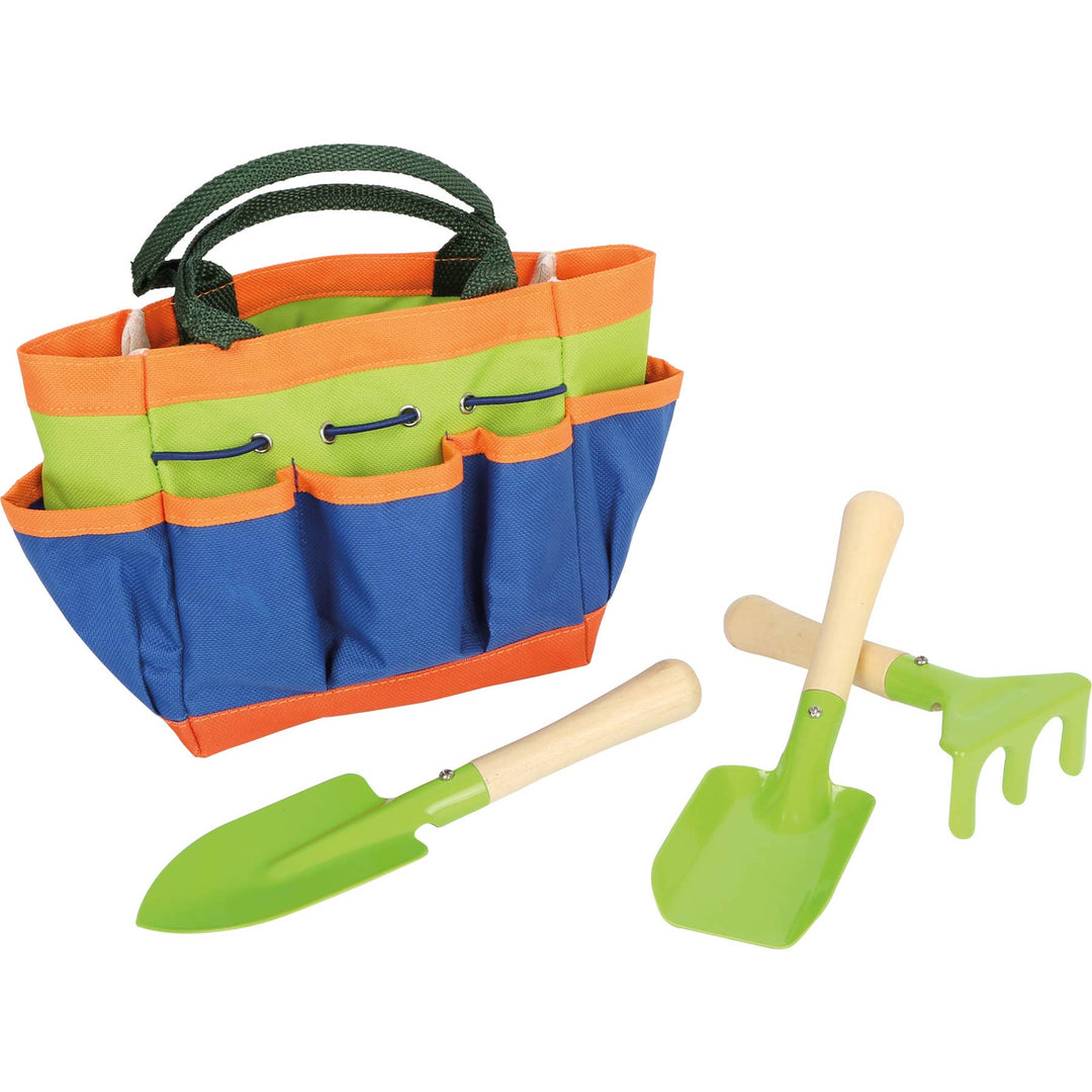 Kids pretend gardening bag and tools.