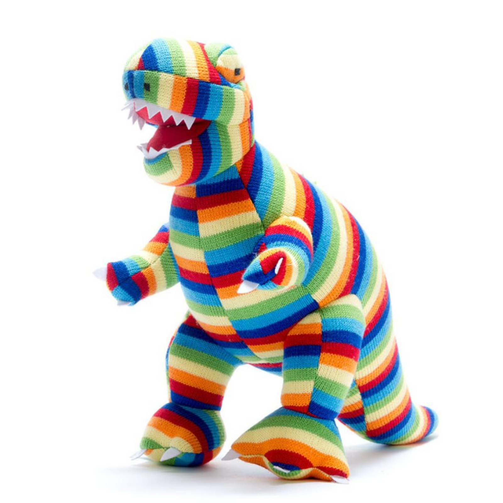 Large Striped Knitted T Rex dinosaur soft toy.