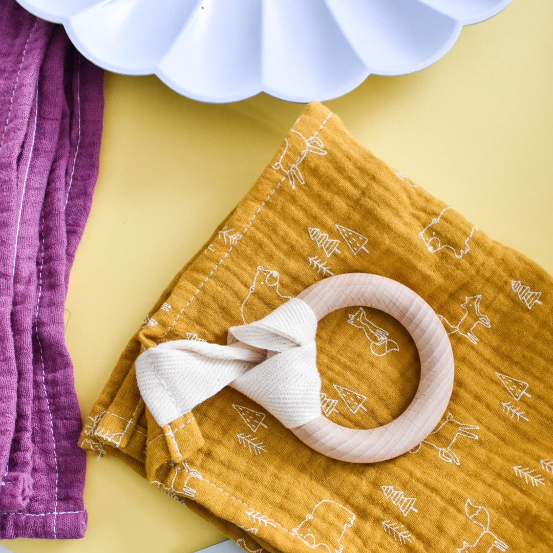 Mustard Yellow Teether / Comforter (patterned one side / plain one side) with Beechwood ring The Eco Boutique