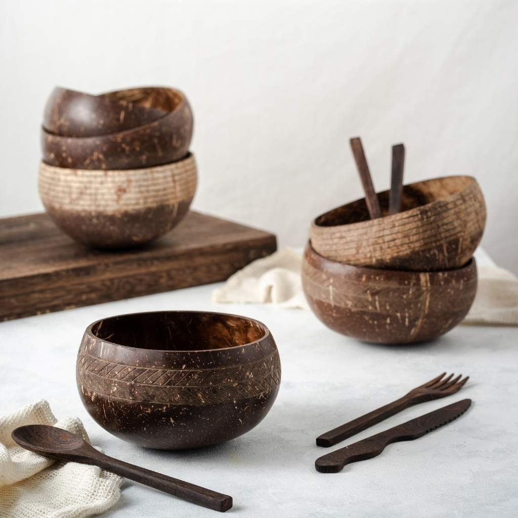 Natural coconut bowl & spoon with a leaf pattern.