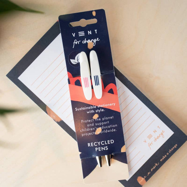 2 x recycled ball pens. Black ink refills Made from recycled single use plastic with blue packaging 