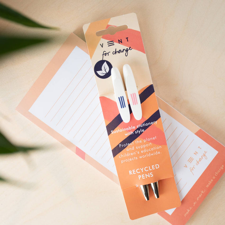 2 x recycled ball pens. Black ink refills Made from recycled single use plastic with pink packaging 