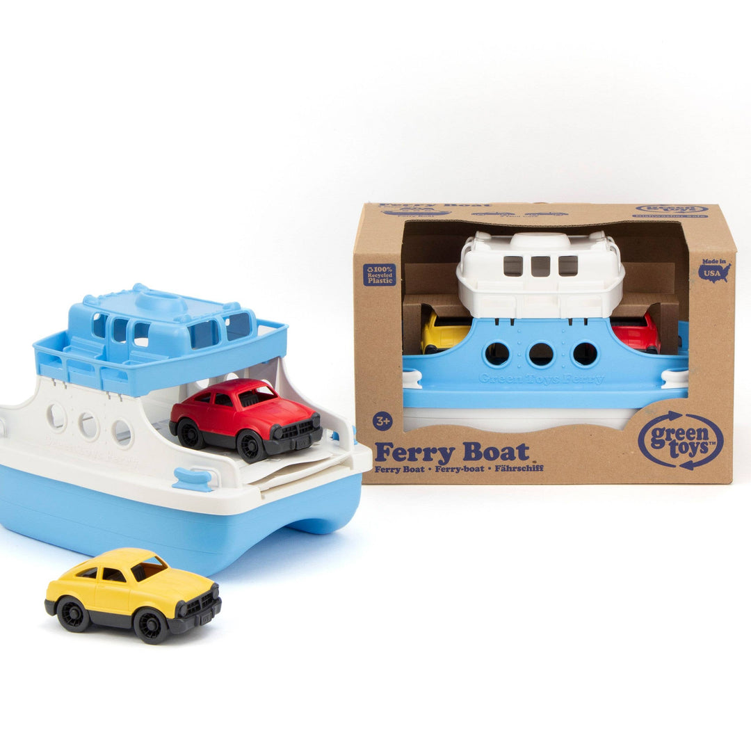 Children's ferry boat bath toy with two levels and 2 cars.