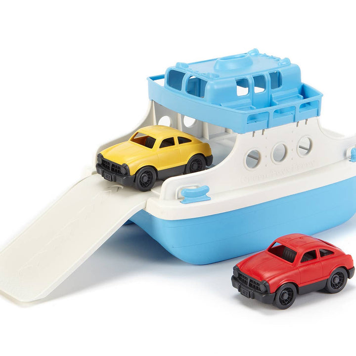 Children's ferry boat bath toy with two levels and 2 cars.