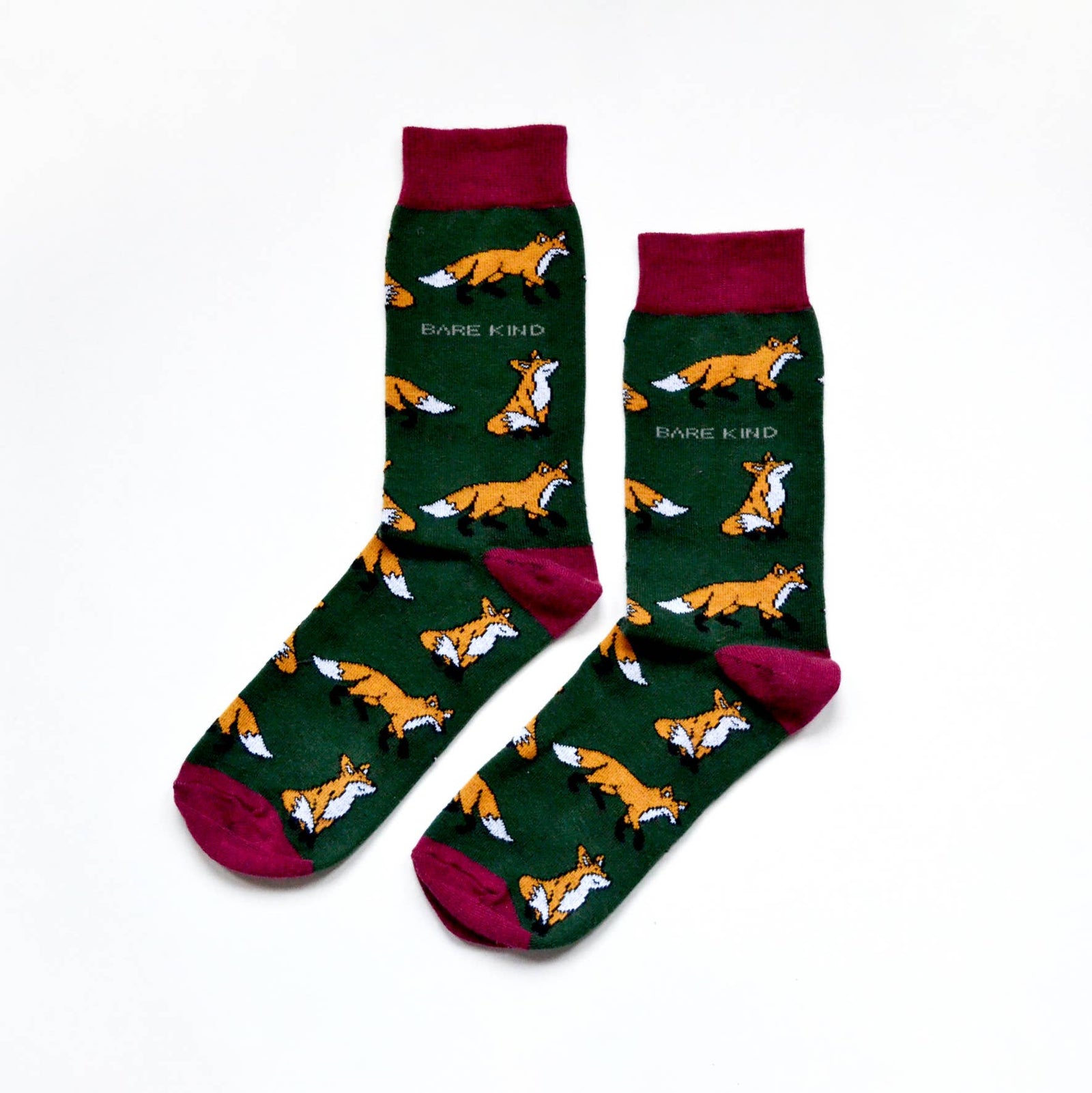 Bamboo socks with fox print on green and burgundy socks.
