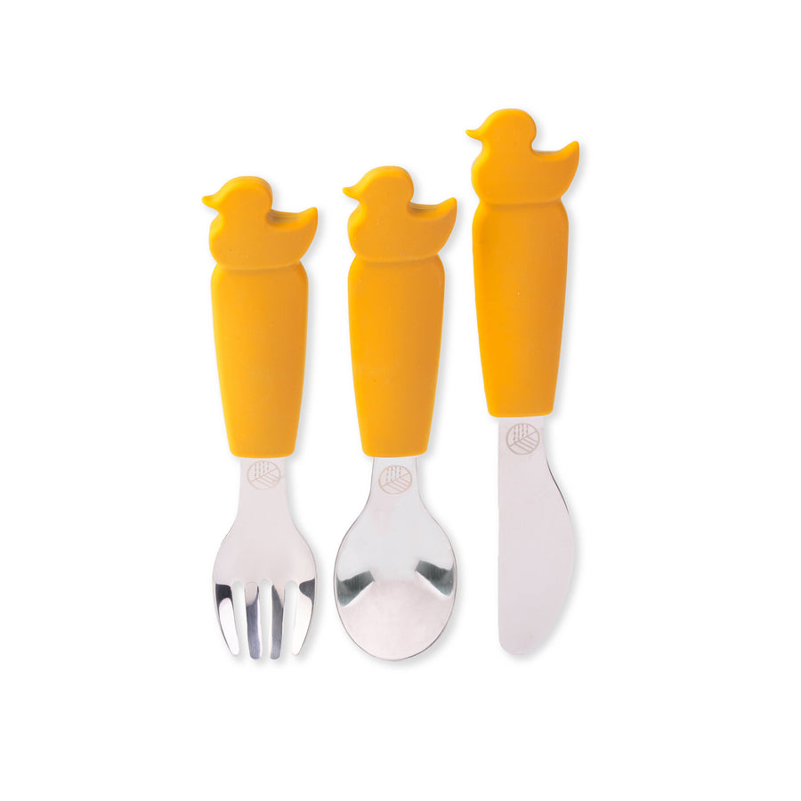 First cutlery three-piece cutlery set with duck shape handles for kids with a spoon, fork and knife 
