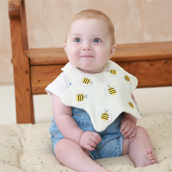 Baby dribble Bib made from 100% Terry towelling. Cream bumblebee design.