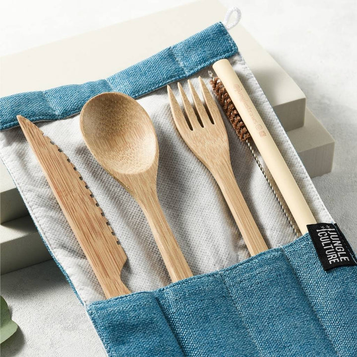 Reusable Bamboo Cutlery Set - Handmade & Eco-friendly Pack - (Blue, Brown, Grey)