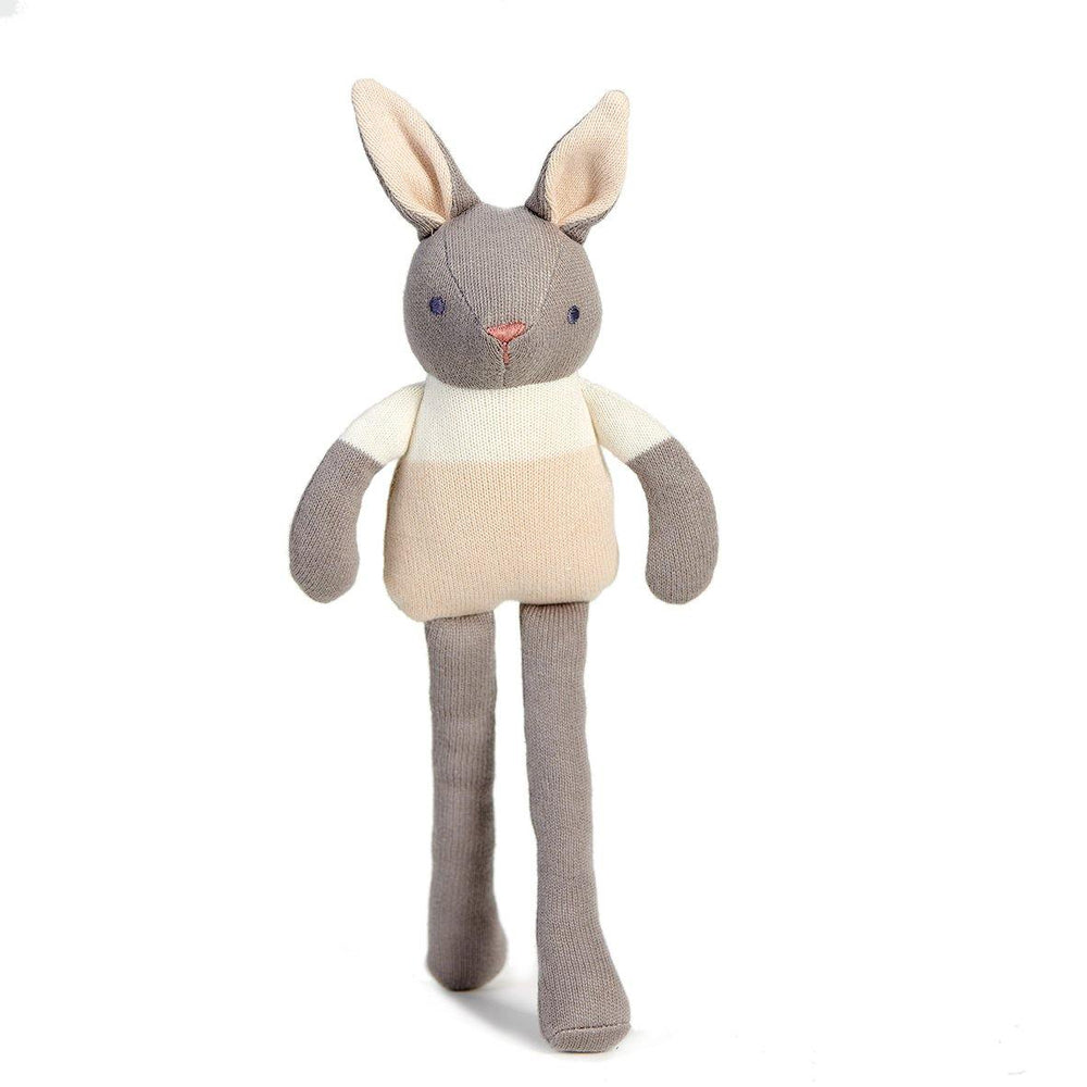 Organic bunny soft toy in grey, pink and white.